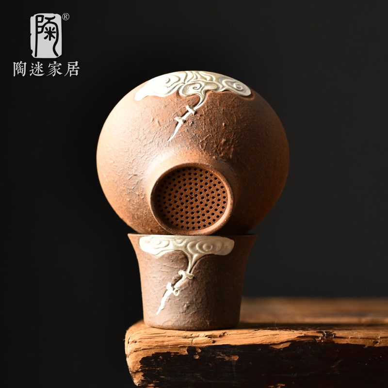陶迷鎏银茶漏中式祥云浮雕过滤器复古原矿粗陶茶道配件茶叶过滤网
