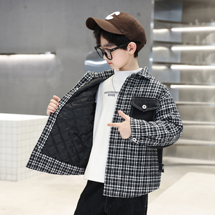 男童夹棉外套2023新款秋冬季格子加厚牛仔儿童秋装大童翻领衣服
