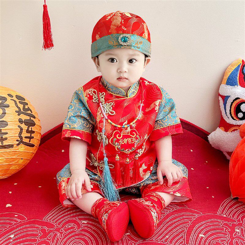 新中式冠衣周岁礼服抓周服男宝喜庆生日宴春秋新款百天儿童唐装