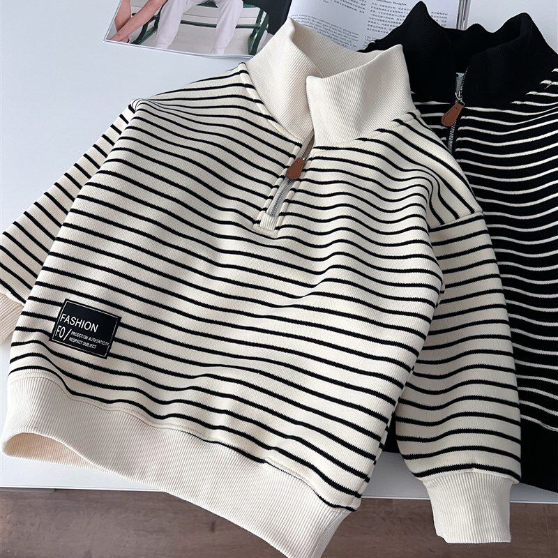 比毛衣还保暖~秋冬男童条纹半拉炼加绒卫衣中大童高领针织套头衫