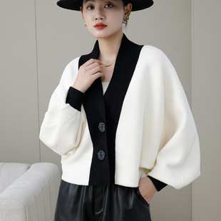 短款毛衣开衫外套女秋冬季双面呢蝙蝠袖小个子高腰配裙子外搭上衣