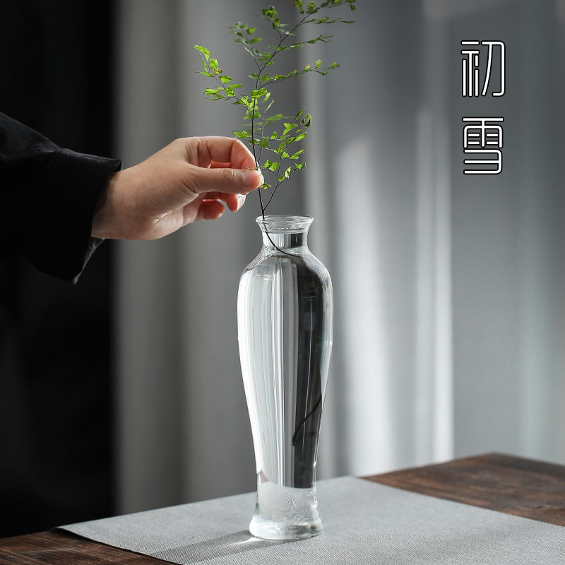 新中式玻璃花瓶轻奢风格花器透明水培观音瓶餐桌摆件客厅装饰玻璃