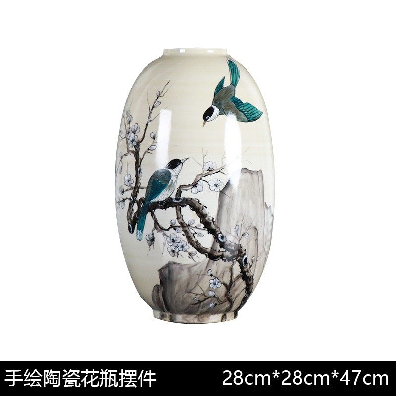 新中式创意手工彩绘山雀鸟陶瓷花瓶摆件样板房间家居餐桌花器摆设
