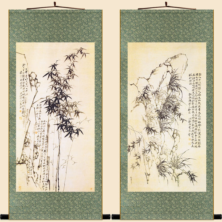 明清复古版 郑板桥石竹兰花图 竹子画 中式装饰字画 绢布卷轴挂画