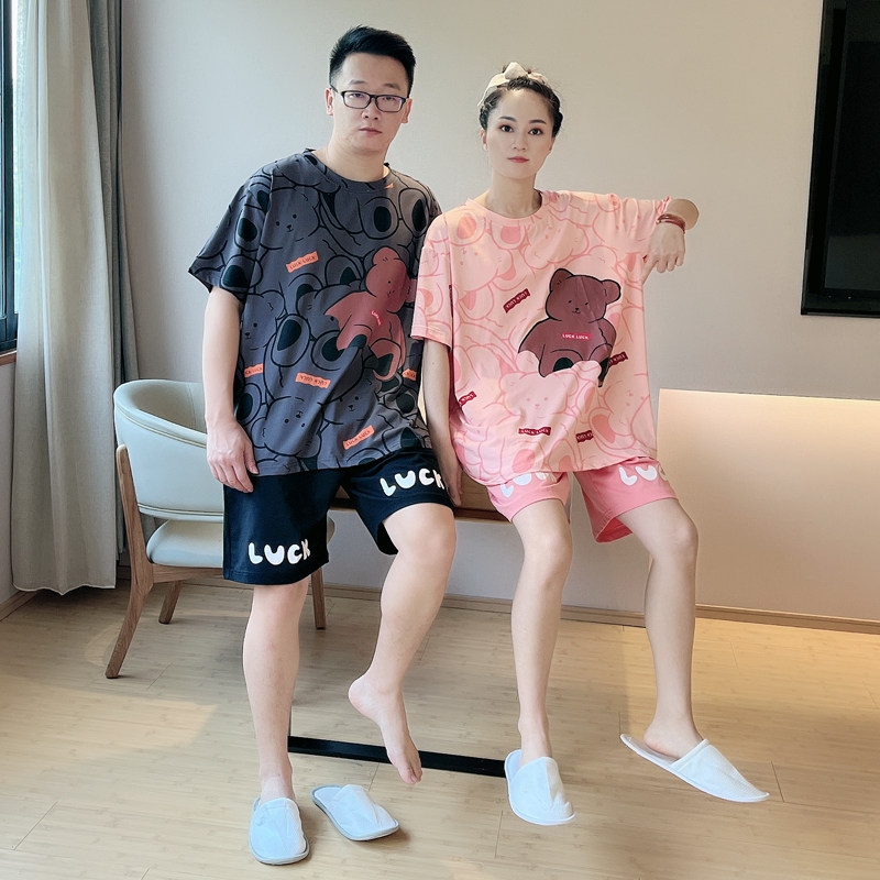 情侣睡衣女夏季纯棉短袖薄款男士可爱卡通网红大码夏天家居服套装