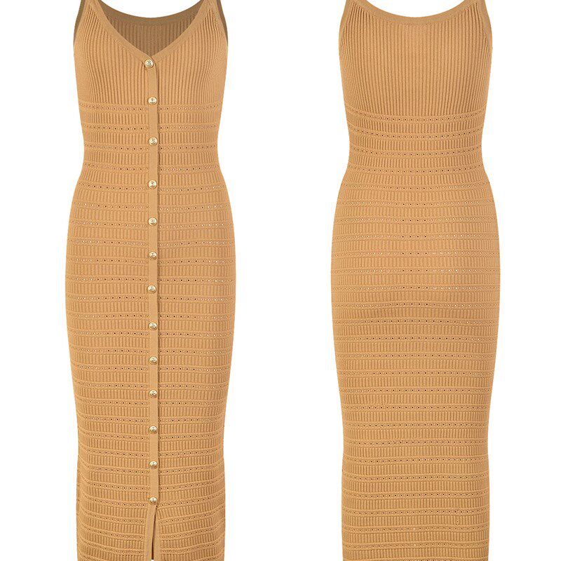 法式气质金扣休闲针织开衫短外套修身包臀吊带连衣裙两件套装修身