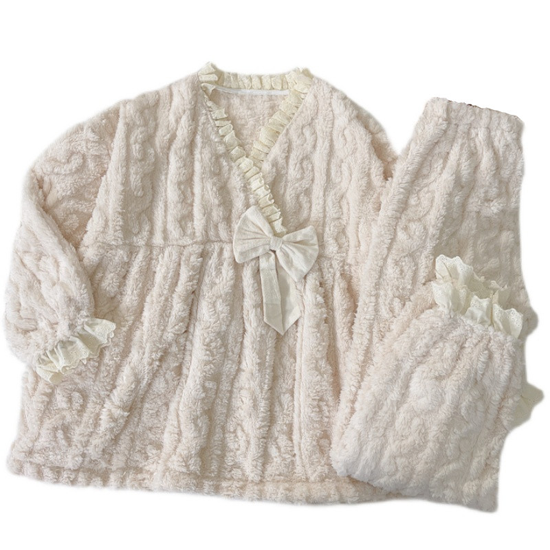 珊瑚睡衣女秋冬季和服V领网红加厚保暖法兰绒家居服花边两件式套