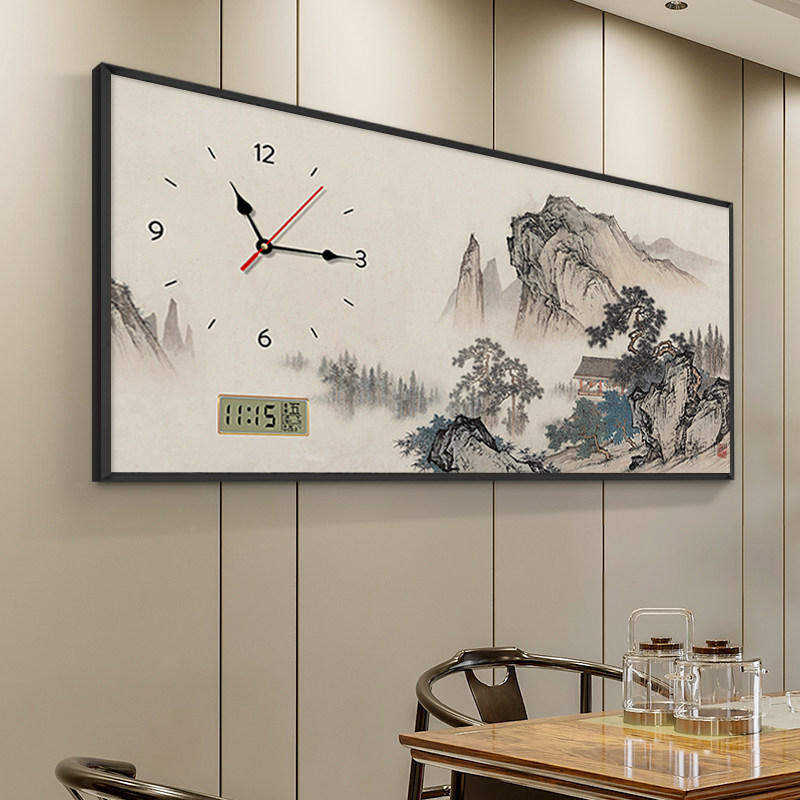 新中式客厅餐厅钟表装饰画电子时钟饭厅墙上挂画招财山水画万年历