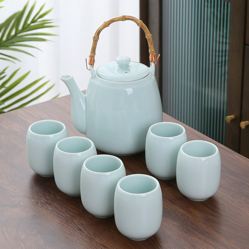 陶瓷提梁壶花草茶具套装家用商店民宿大号中式青瓷泡茶壶茶杯整套