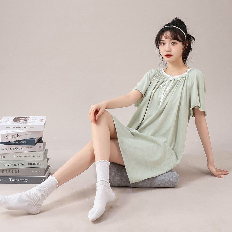 睡裙女士夏款短袖方领纯棉针织提花薄款宽松睡衣夏天连衣裙家居服