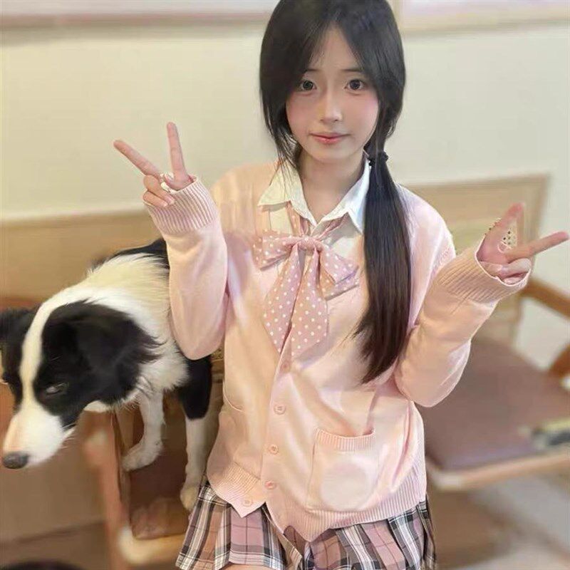 JK制服毛衣樱花粉开衫外套女秋冬学院风甜妹针织衫白桃香格裙套装
