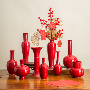 中式陶瓷红色花瓶婚礼喜庆果盘新年装饰花器新房乔迁玄关桌面摆件