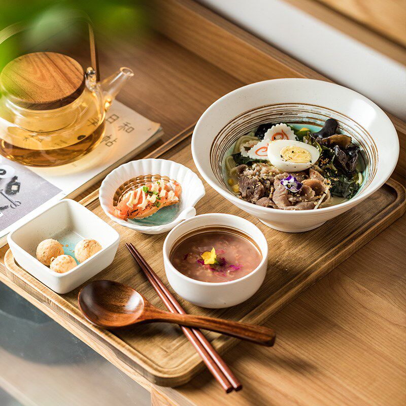 日式个人餐具套餐 带托盘一人食碗组 藏蓝色陶瓷早餐碗