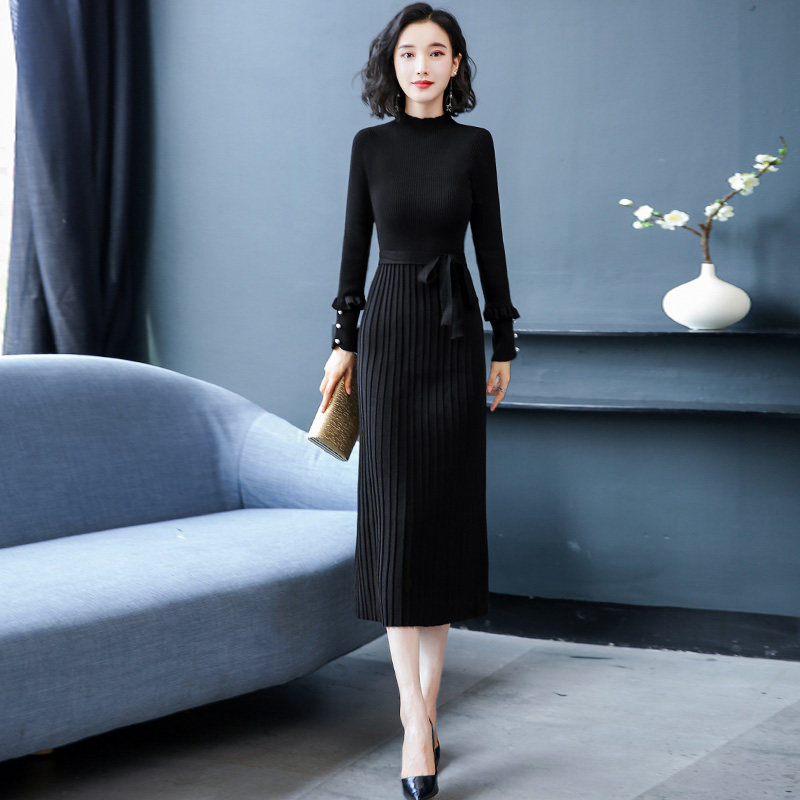 秋冬黑色打底裙修身过膝毛衣长款裙子女冬长裙加厚百褶针织连衣裙