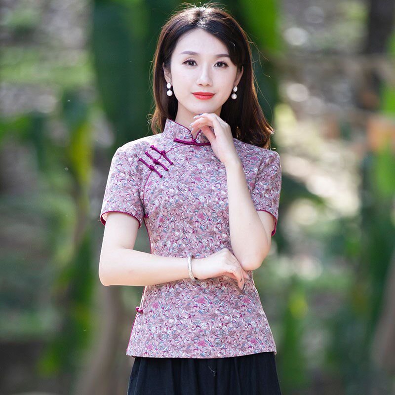 筠雅唐装女中国风旗袍式上衣盘扣短袖复古茶服禅意素衣中式女装夏
