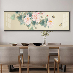 客厅横版新中式装饰画沙发背景墙挂画荷花卧室床头书房晶瓷画镶钻