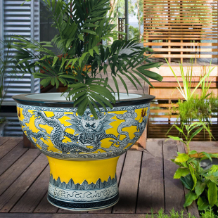 景德镇陶瓷金鱼缸带瓷器底座花盆立柱式乌龟缸睡莲碗莲盆庭院摆件