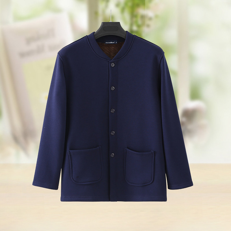 中老年保暖内衣男士秋冬加绒加厚开衫单件爸爸纯棉防寒对襟上衣