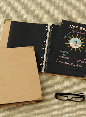 9孔空白活页本子DIY黑色手账同学录思维导图笔记本复古手工大相册