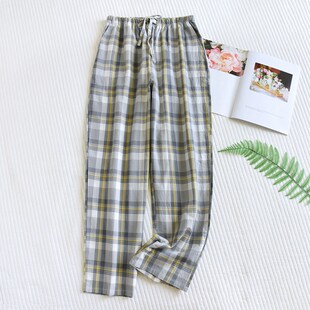 情侣睡裤女春秋纯棉水洗平布男简约休闲格子夏薄款全棉家居裤长裤