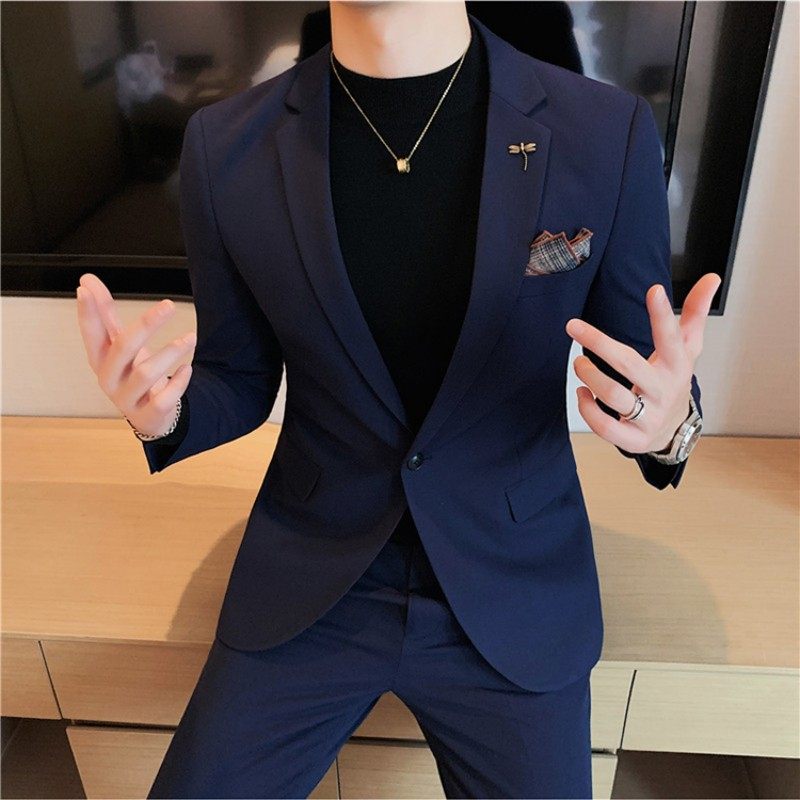 小西装男士春夏外套双排扣修身商务休闲黑色薄款西服套装英伦上衣