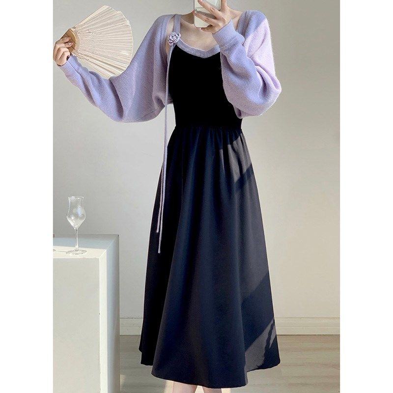 高级感盐系春秋季穿搭一整套装新款时尚气质针织开衫吊带裙两件套