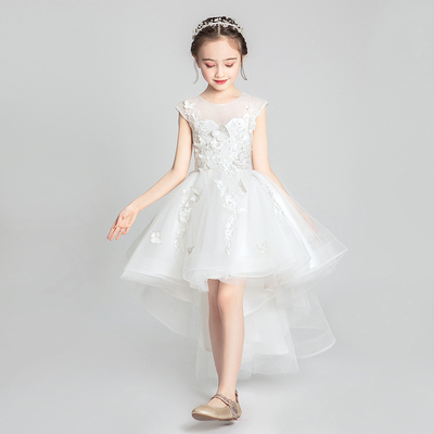 儿童礼服小孩拖尾婚纱白纱蓬蓬裙公主花童女童模特走秀洋气高贵冬