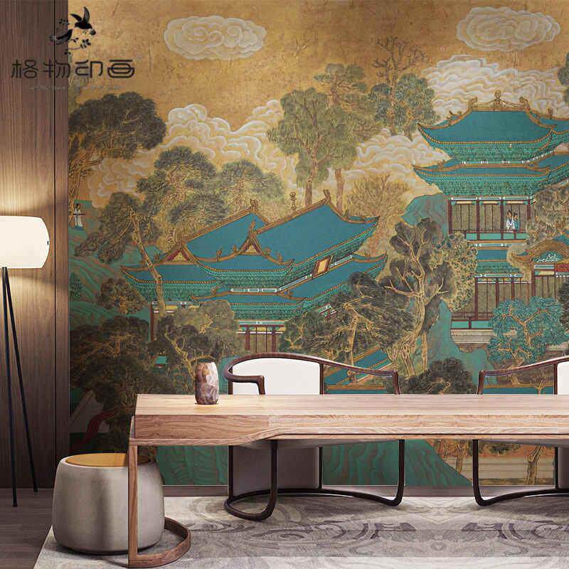 现代中式古典山水阁楼电视背景墙纸壁布沙发客厅茶室墙布定制壁画