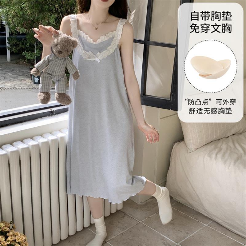 带胸垫睡裙女款夏季薄款莫代尔吊带背心初中生女孩大童防凸点睡衣