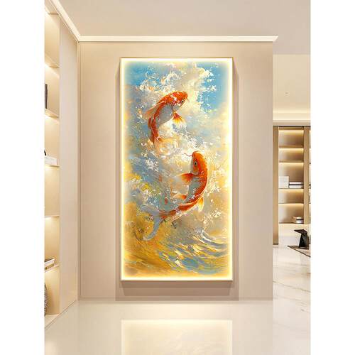 金色海浪玄关装饰画招财锦鲤走廊过道挂画2025新款入户门带灯壁画