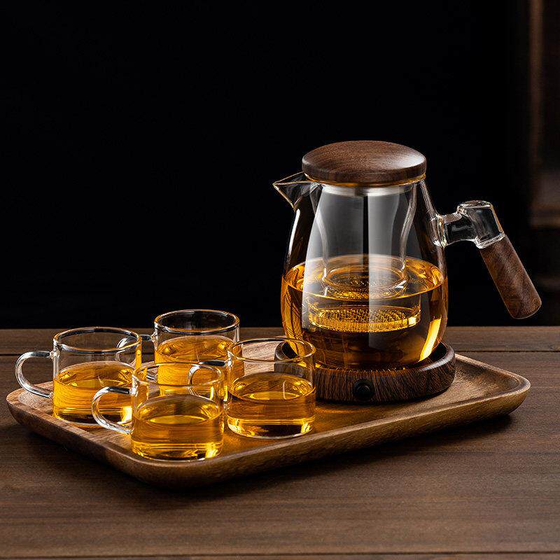 玻璃泡茶壶2024新款加厚耐高温茶壶单壶茶水分离胡桃木侧把壶套装
