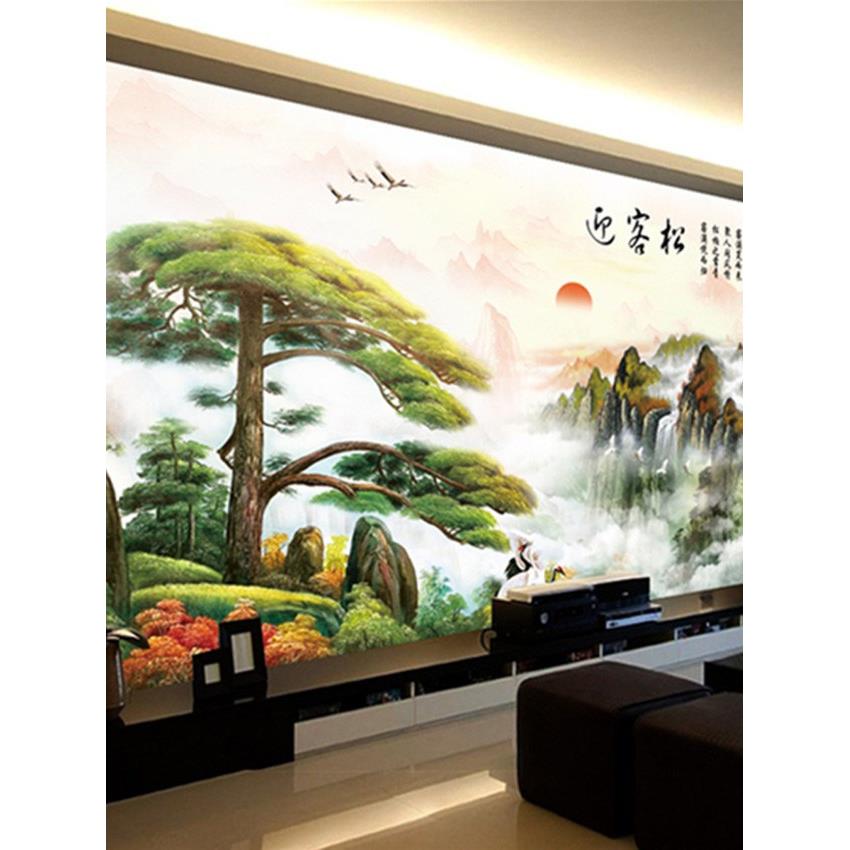 8D欢迎松木电视背景墙壁纸不干胶景观贴纸5D中式景观影视墙客厅3D