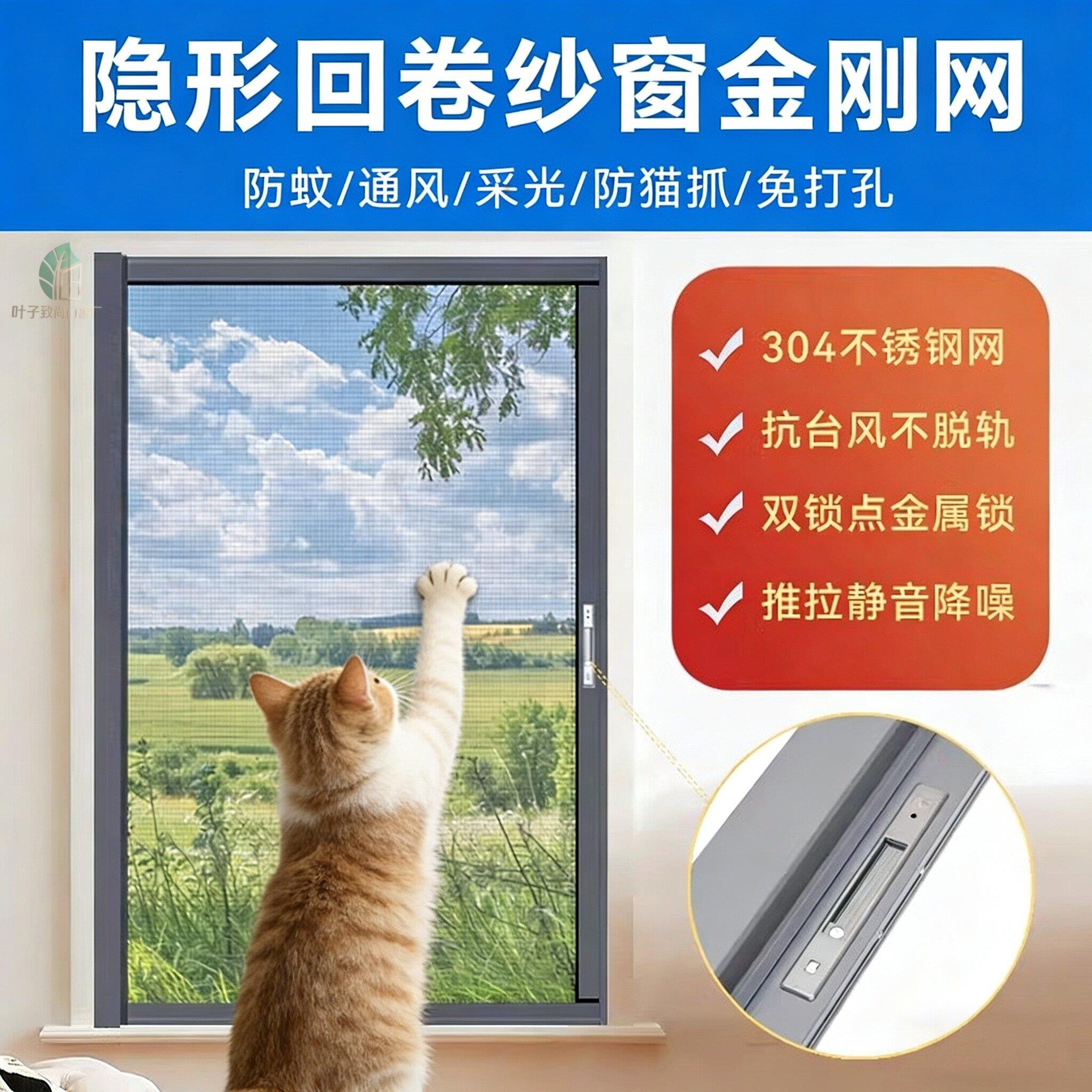 隐形回卷纱窗304不锈钢金刚网可拆卸防蚊猫铝合金纱沙窗蚊网自装