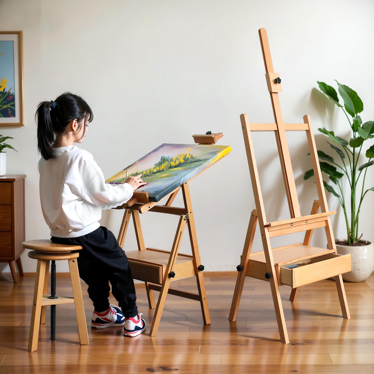 儿童木质画架可折叠落地抽屉画架美术生专用木制素描画板画架套装