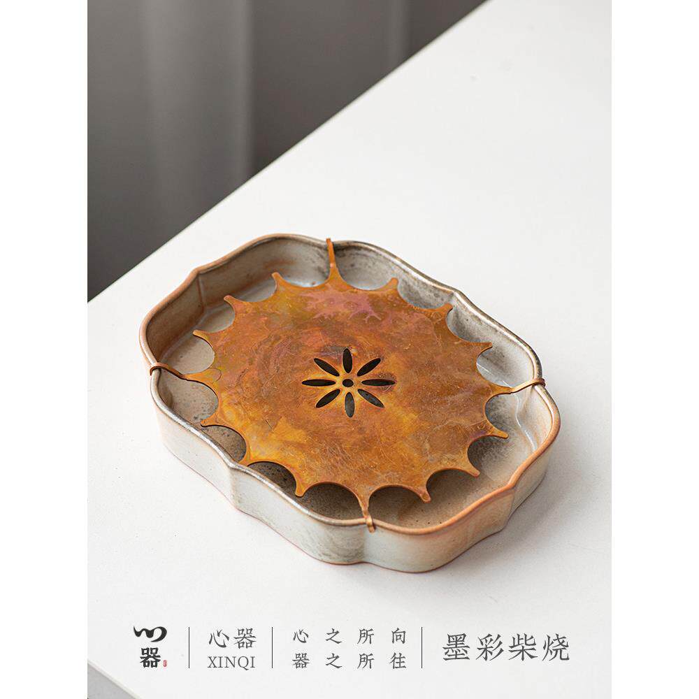 心瓷墨色长方体海棠储水壶干泡桌创意覆古铜板陶瓷茶盘茶具