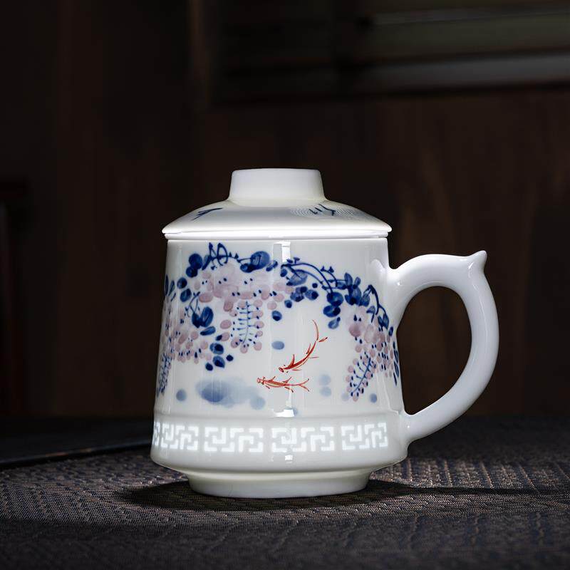 景德镇手绘玲珑茶杯五彩青花茶杯带盖带茶漏个人送礼专用杯