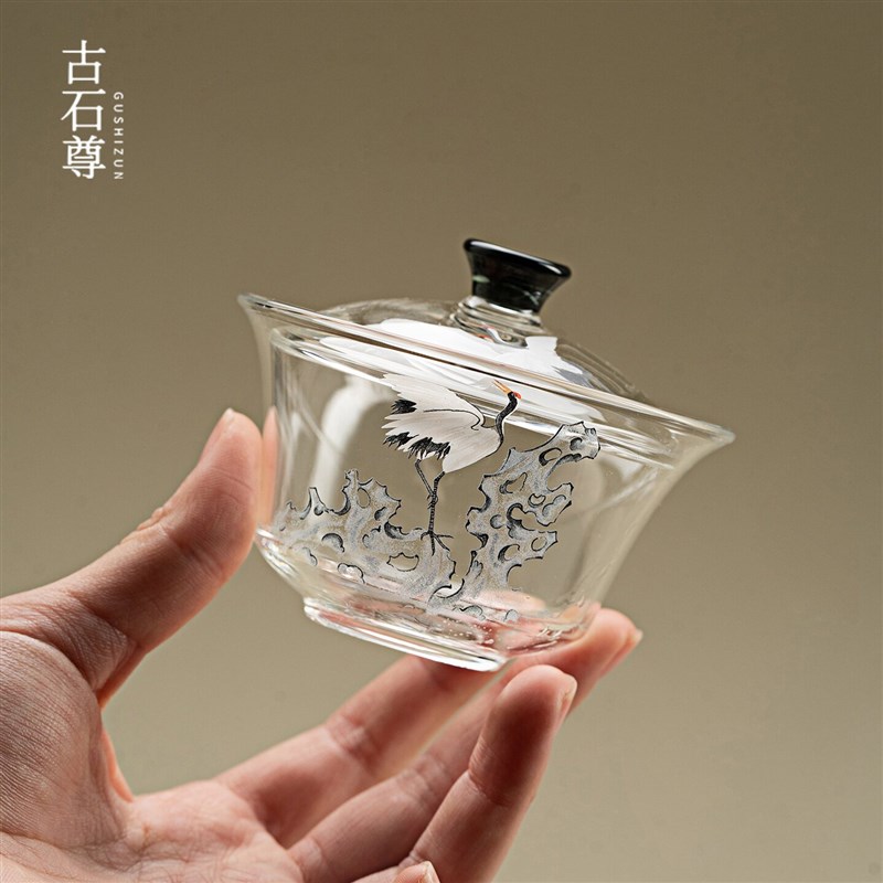 松鹤玻璃盖碗茶杯快客杯便携式一壶一杯旅行茶具一人饮茶具套装