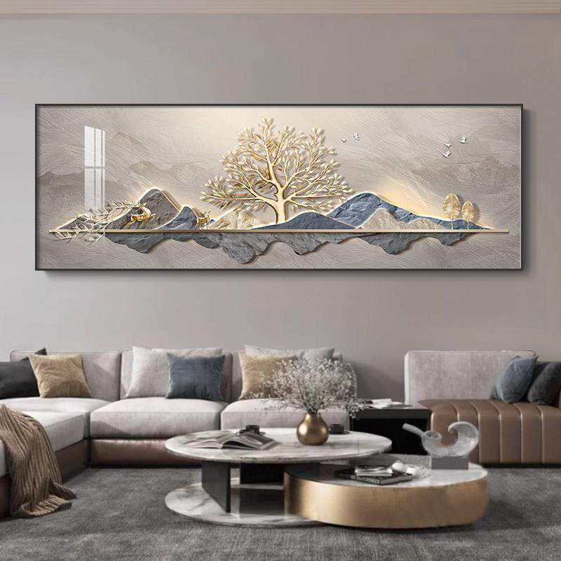轻奢沙发背景墙装饰画靠山招财新款客厅挂画高级感壁画福鹿发财树