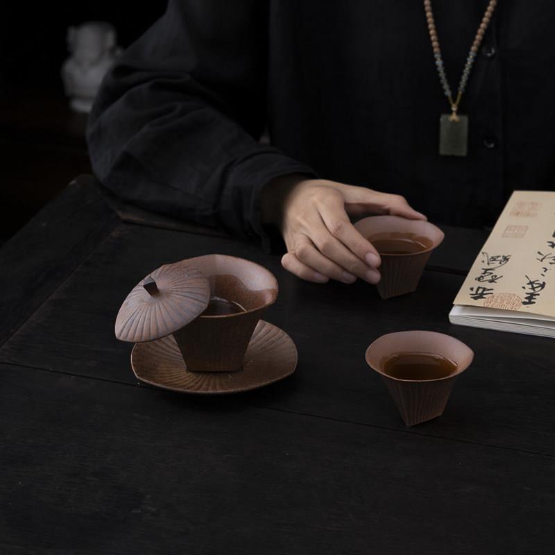 素沐三角形可悬停旋转盖碗粗陶老岩泥泡茶不烫手功夫碗茶室敬茶碗