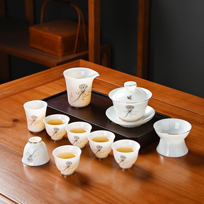 冰种素烧羊脂玉白瓷功夫茶具套装轻奢高档家用办公室泡茶中式茶杯