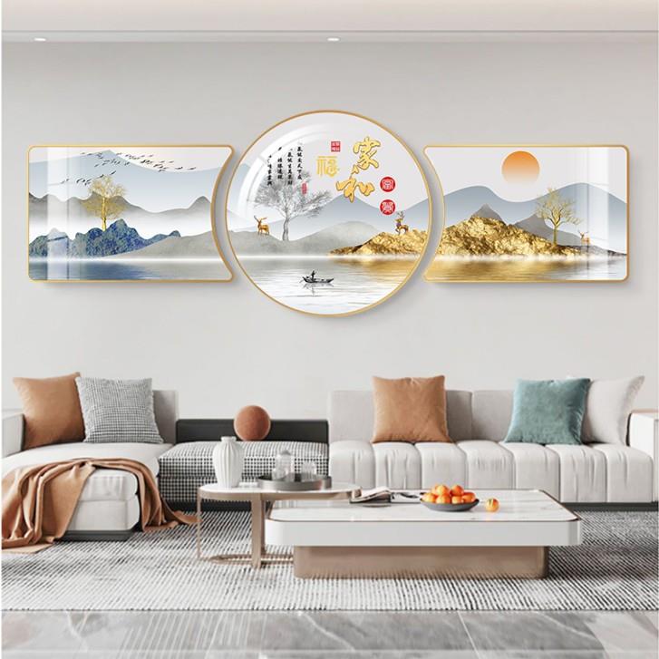 客厅装饰画现代简约沙发背景墙三联挂画珠联璧合中式晶瓷镶钻壁画