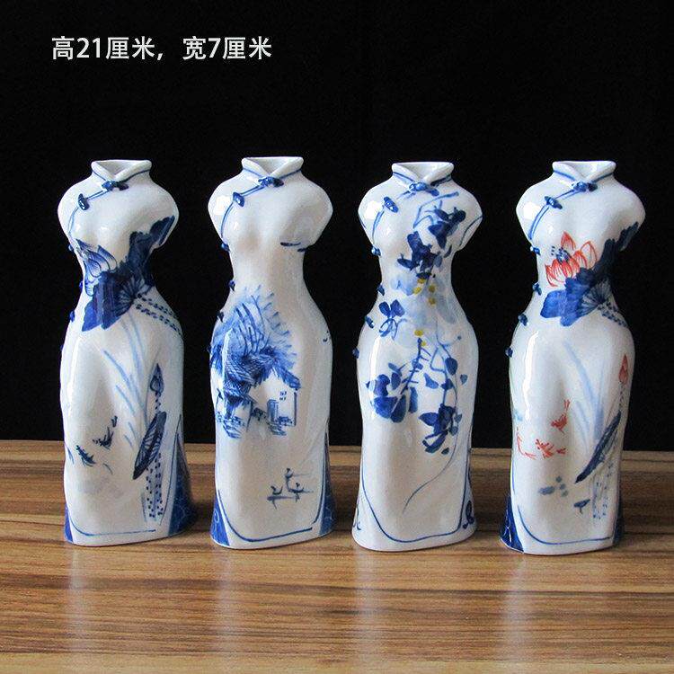 景德镇陶瓷器手绘青花瓷旗袍小插花瓶简约现代家居装饰工艺品摆件
