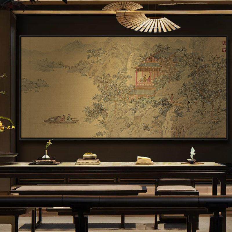 新中式宋代美学饭店餐厅巨幅山水挂画客厅茶室背景墙高级感装饰画