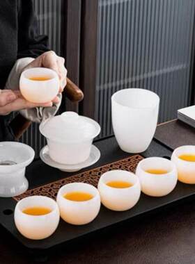 羊脂白玉茶具中国风玉石茶壶琉璃茶杯纯白玉瓷盖碗杯子整套装礼盒