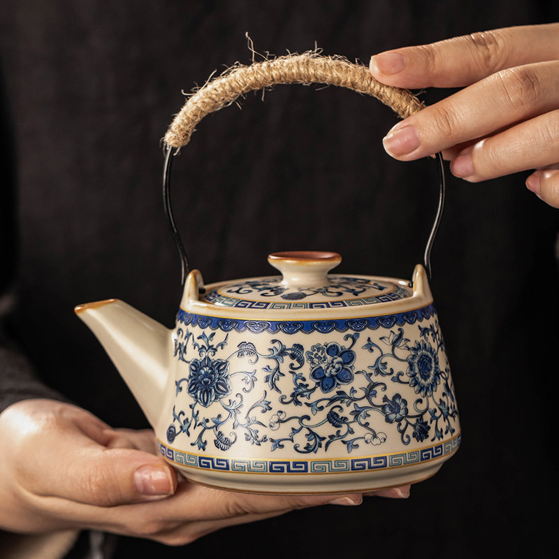 青花米黄汝窑提梁茶壶高档家用单个泡茶器复古满花珐琅彩功夫茶具,餐饮具,茶壶,淘宝优惠券,粉丝福利购,淘宝优惠卷