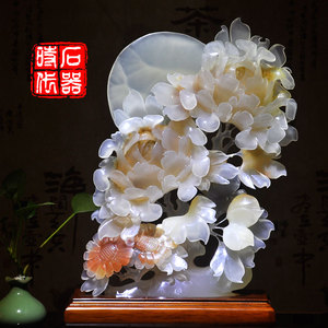 天然玉石花好月圆摆件雕刻工艺结婚礼品中式家居客厅玄关装饰摆设