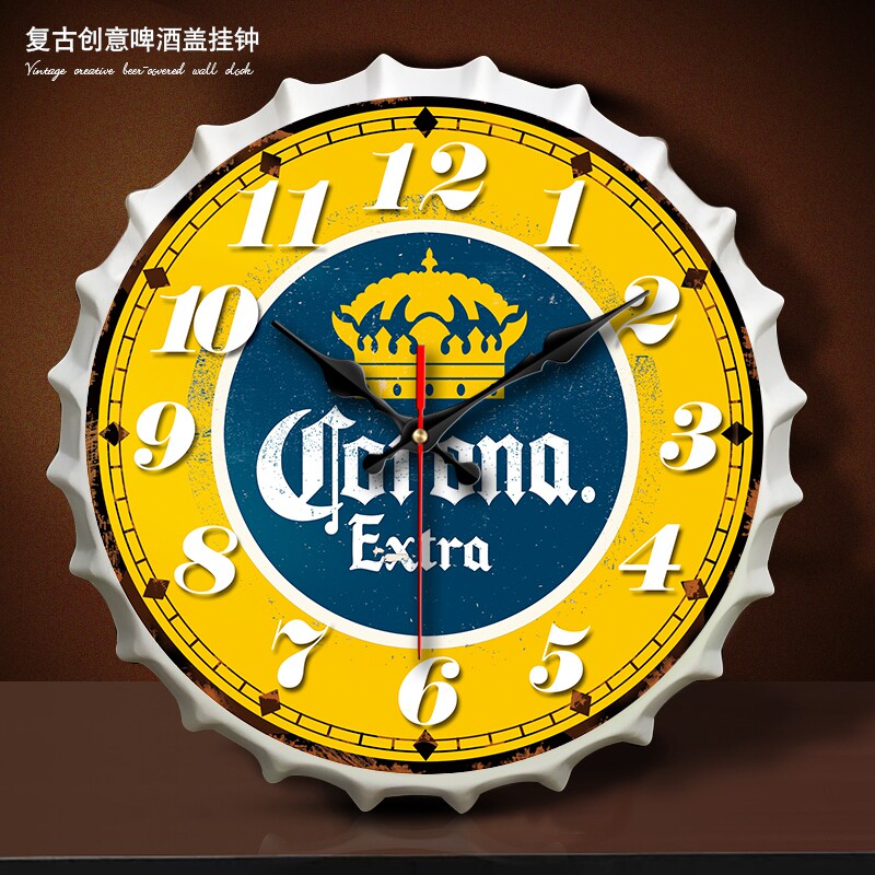 立体铁艺创意啤酒盖静音挂钟餐饮酒吧商用家用墙壁钟表墙壁装饰品