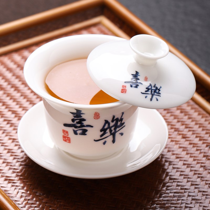 羊脂玉瓷悬停旋转漂移三才盖碗茶杯不烫手大号泡茶碗家用陶瓷茶具
