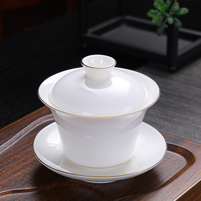 高端羊脂玉白瓷盖碗茶杯不烫手陶瓷茶具功夫三才茶碗私人订制刻字