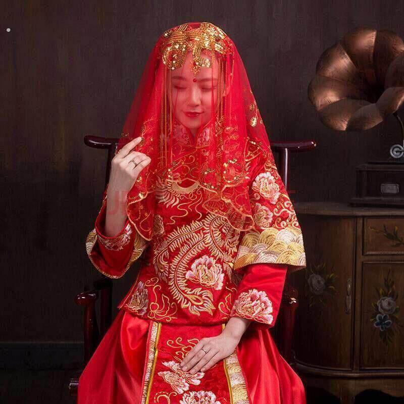 结婚婚庆用品婚礼大红色蒙头纱巾盖头头纱披肩红色手套新娘嫁妆道